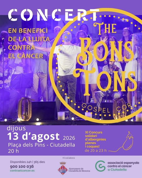 Cartel: concierto benéfico contra el cáncer en la Plaça dels Pins, Ciutadella, 13 de agosto